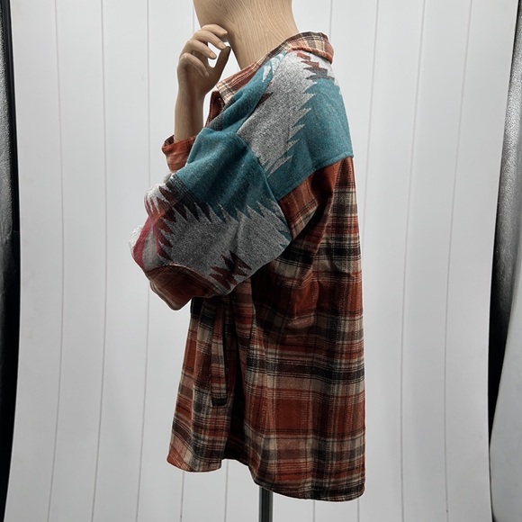 🆕Aztec Shacket Shirt Jacket Plaid Button Down Pockets Sm/Med & Lg/XL Available - Picture 12 of 13